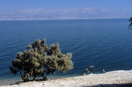 Baden im Toten Meer, im Hintergrund die Berge Jordaniens