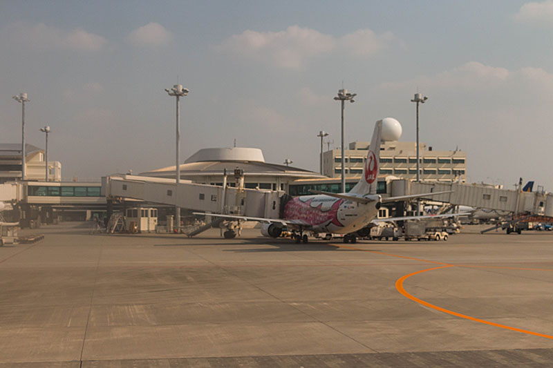 Auf dem Flugzeug an der Dockingstation ist ein Walhai auflackiert, diese Fische leben um die Insel Okinawa herum