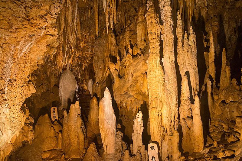 Farbig angestrahlte Stalagmiten und Stalagtiten