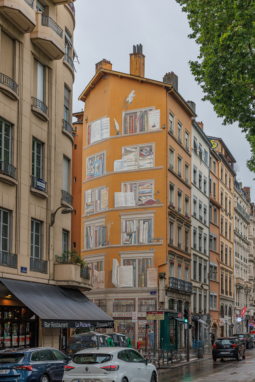 Dieses Wandbild ist die "Bibliothèque de la Cité" in Lyon. Das riesige Fresko zeigt täuschend echte Bücherregale und wurde von der Künstlergruppe CitéCréation entworfen. Es befindet sich an der Ecke Rue de la Platière und Quai St-Vincent.