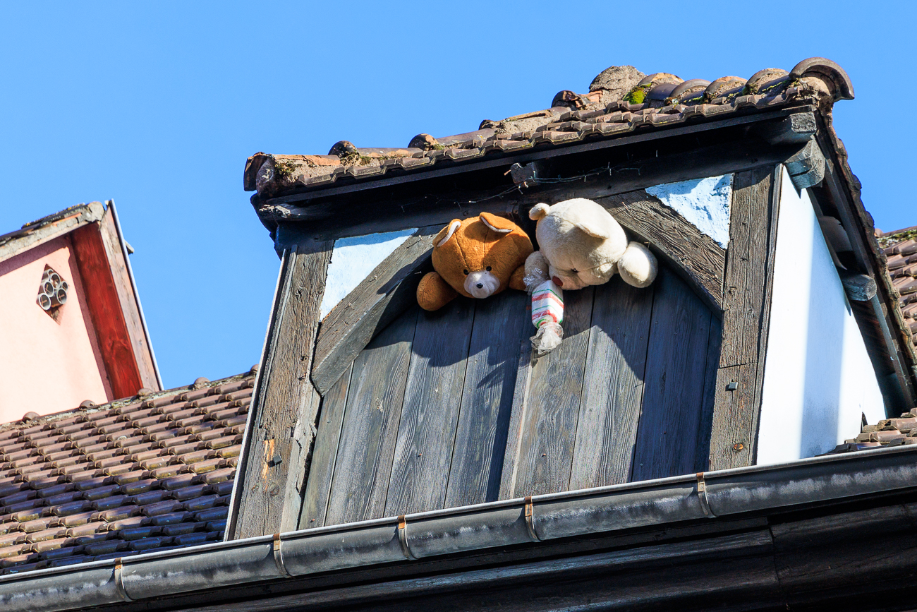 Teddyb&auml;ren, universelles Symbol f&uuml;r S&uuml;&szlig;igkeiten und von Komforteroberte schnell die Herzen von Einheimischen und Besuchern. Sie sind zu einem unverzichtbaren Bestandteil der els&auml;ssischen Weihnachtsm&auml;rkte geworden Fenster, Zu Balkone, und sogar zu Stra&szlig;enlaternen gepflasterte Stra&szlig;en