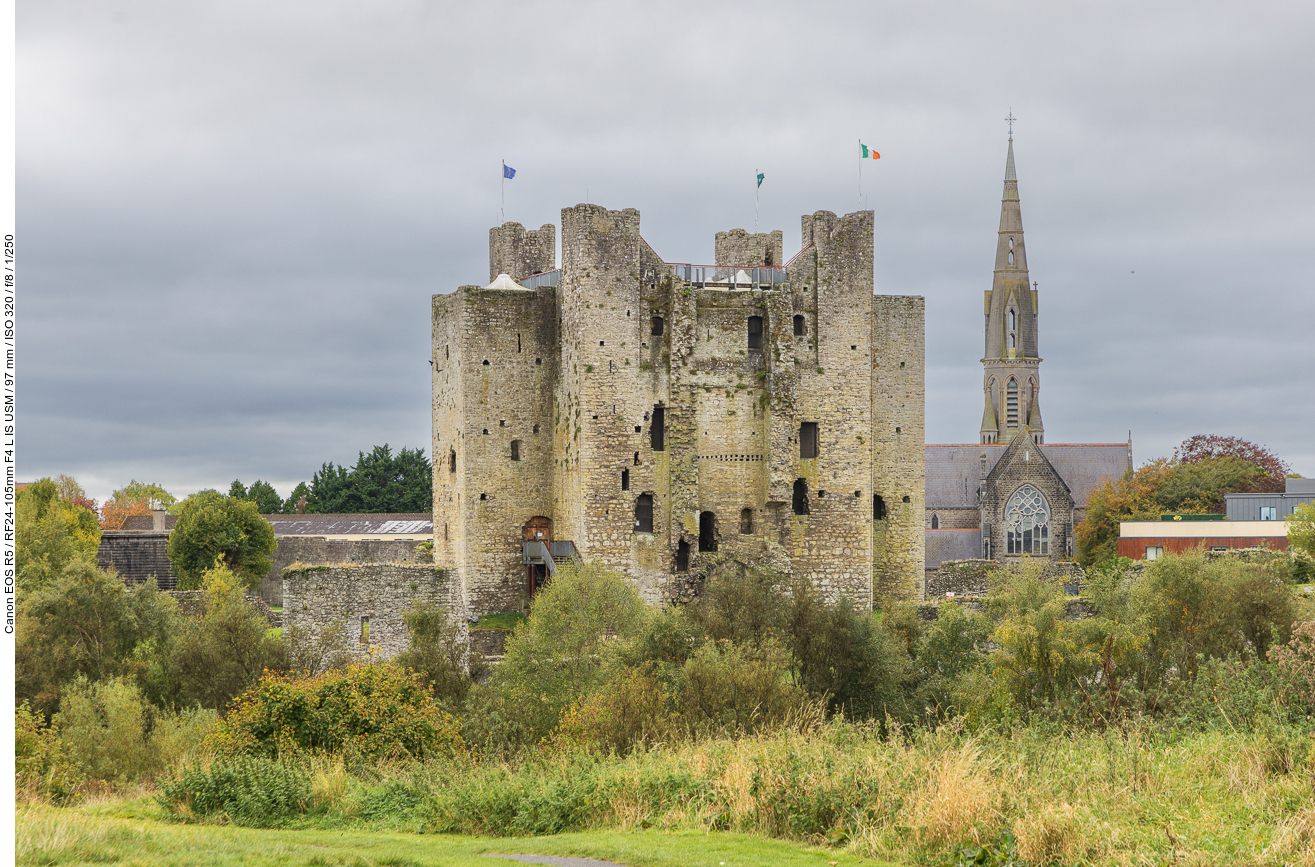 Blick auf das Trim Castle und die dahinter liegende St. Patrick’s Church