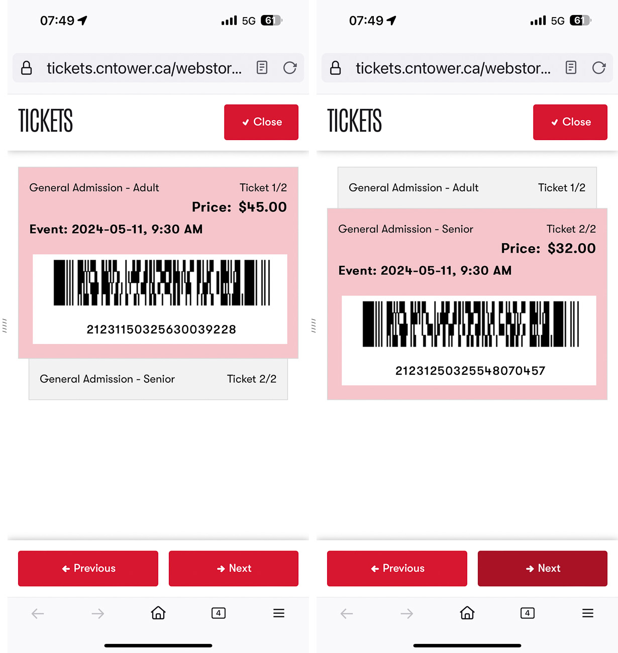 Unsere Tickets für den CN-Tower, als alter Sack bekommt man einen günstigeren Preis ;-)