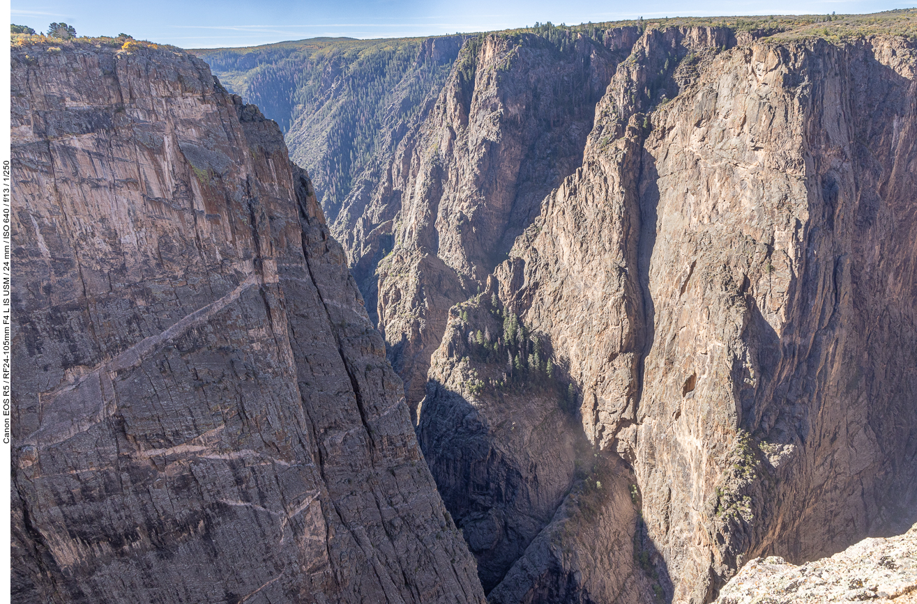 In der Schlucht wachsen Bäume auf vorspringenden Felsen